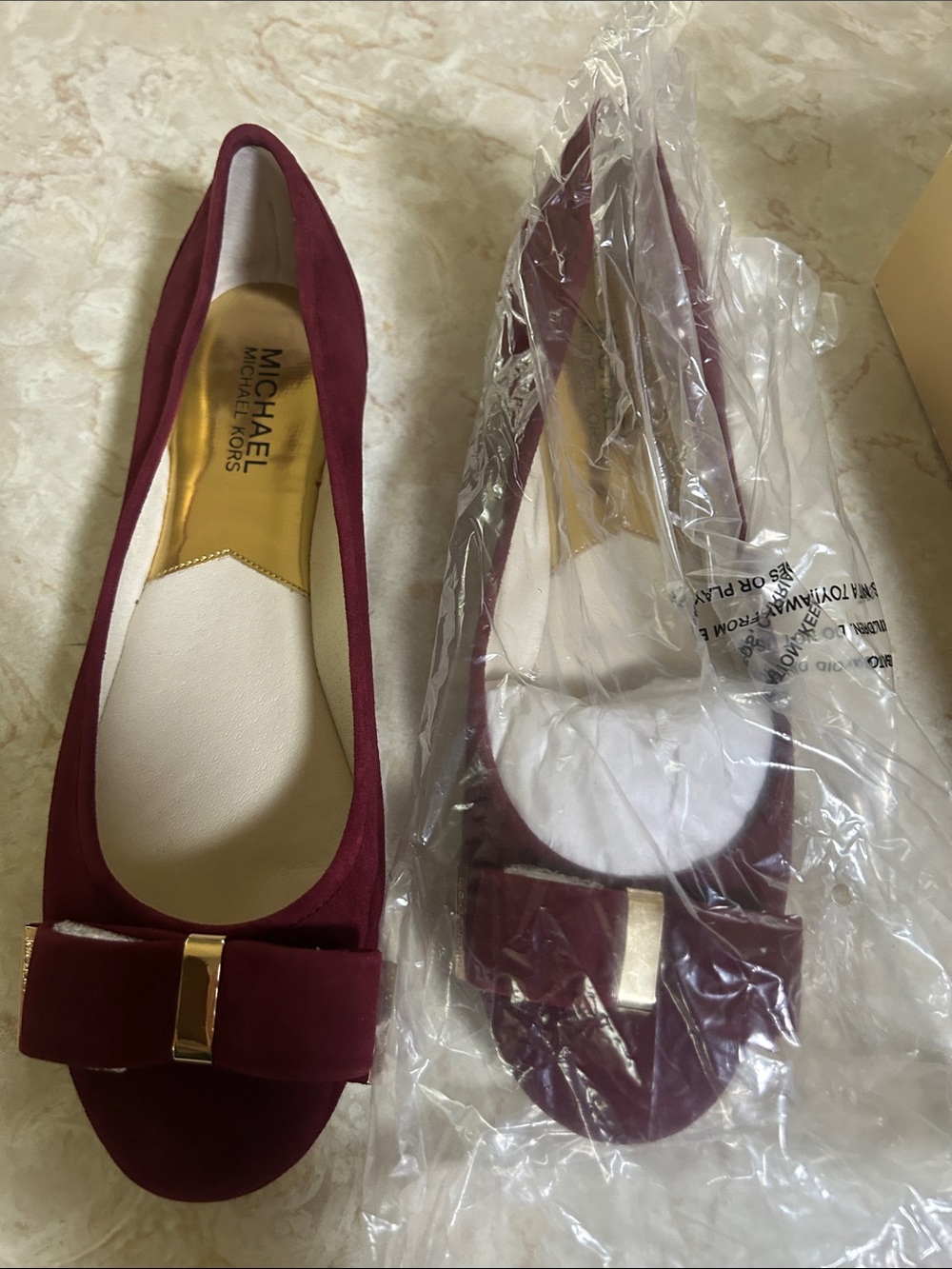 MICHAEL Michael Kors Burgundy Velvet Bow Flats with Gold Accent